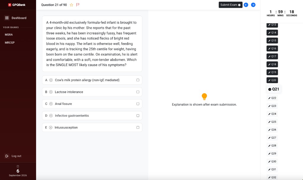 MRCGP AKT timed mock exam with countdown timer and question navigator